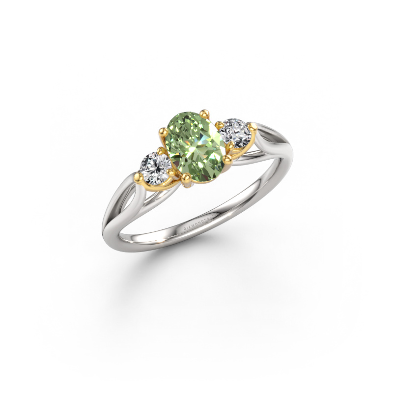 Afbeelding van Verlovingsring Amie OVL 585 witgoud Groene lab grown diamant 7x5 mm