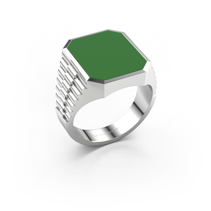 Image of Signet ring Brent 4 585 white gold Green enamel 16x13 mm