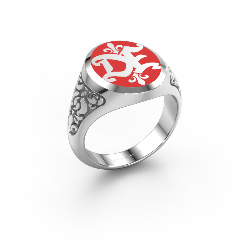 Image of Monogram ring Brian Emaille 585 white gold Red enamel