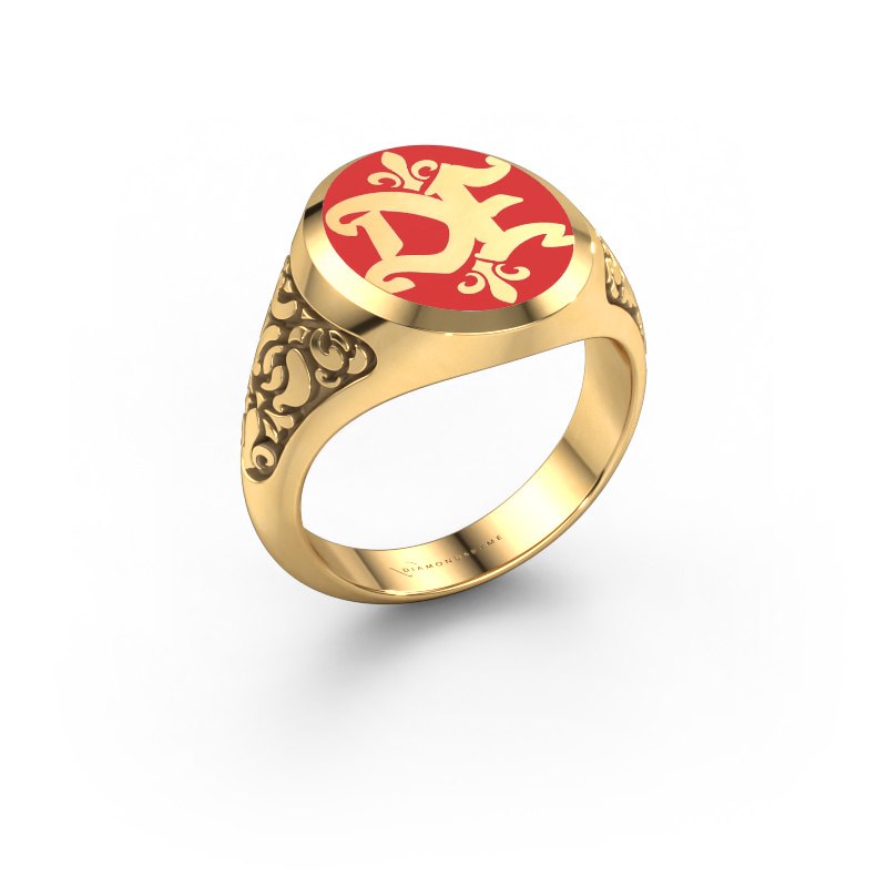 Image of Monogram ring Brian Emaille 585 gold Red enamel