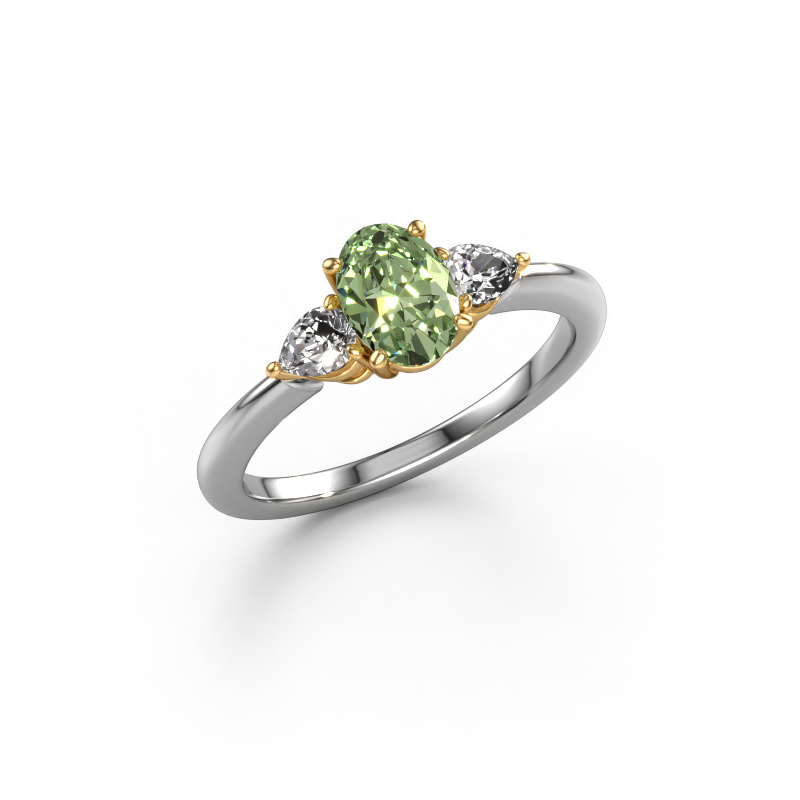 Image de Bague de fiançailles Chanou OVL 585 or blanc Diamants synthétiques vert 7x5 mm