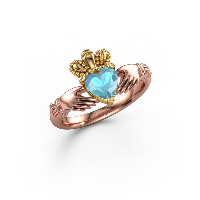 Image of Ring Claddagh 2 585 rose gold Blue topaz 6 mm