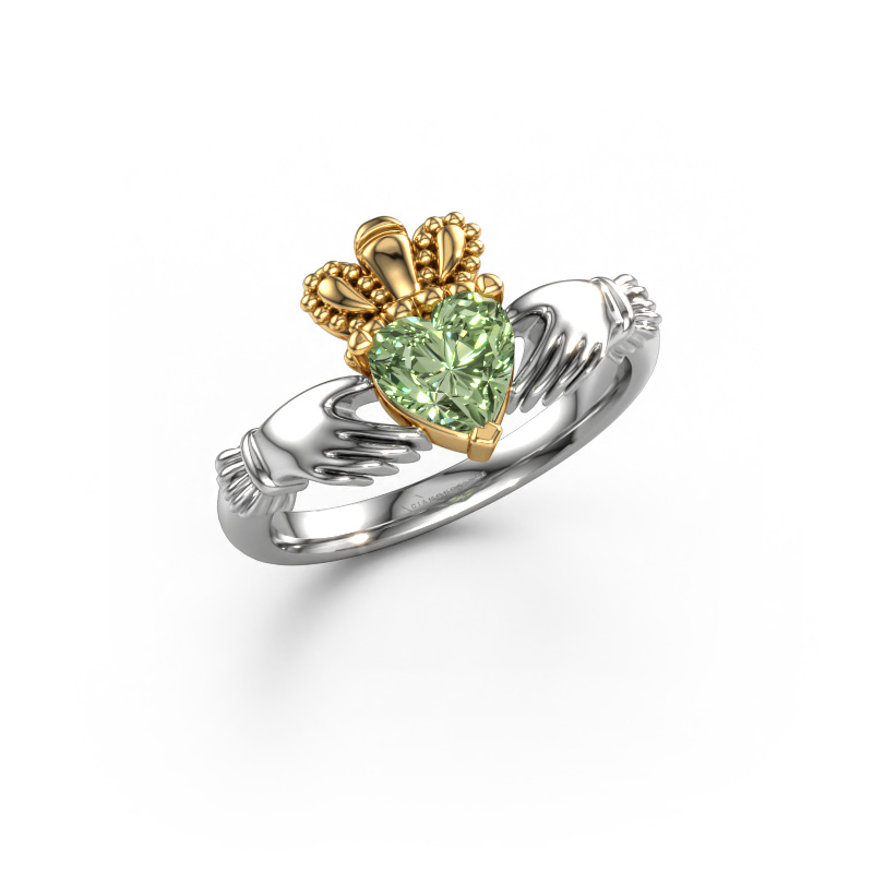 Image of Ring Claddagh 2 585 white gold Green lab grown diamond 6 mm