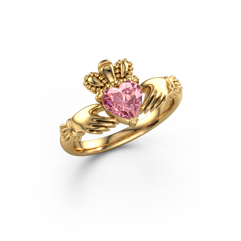 Image of Ring Claddagh 2 585 gold Pink lab grown diamond 6 mm