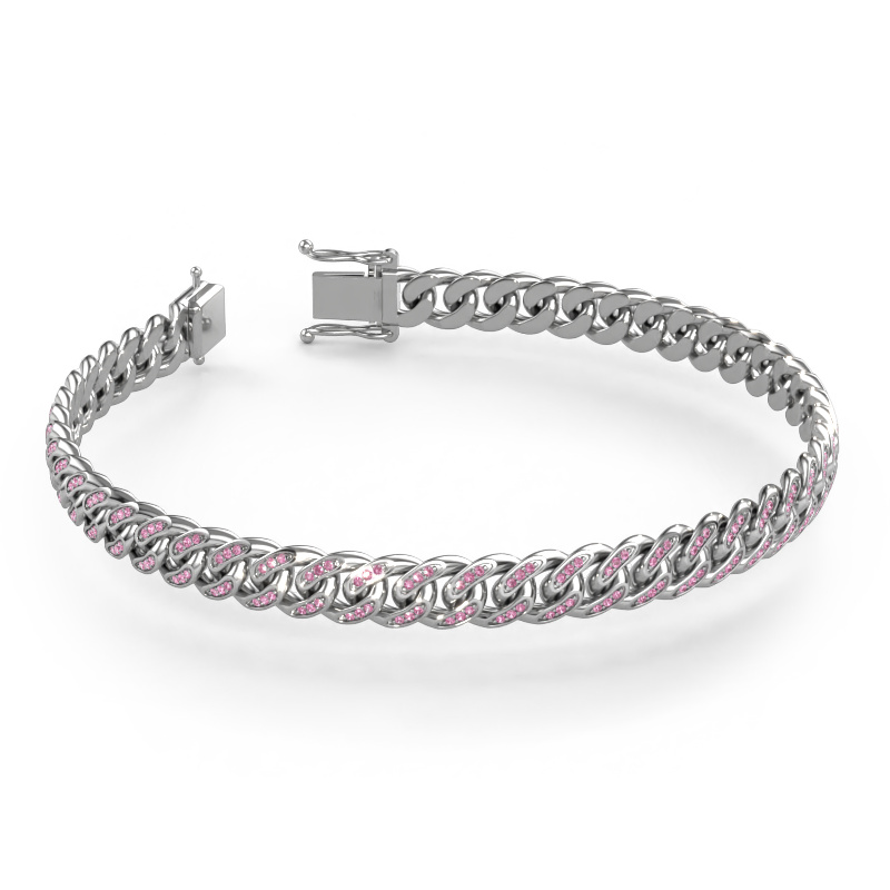 Image of Cuban OVL S 8mm Bracelet Solid - 585 white gold Pink sapphire 1 mm