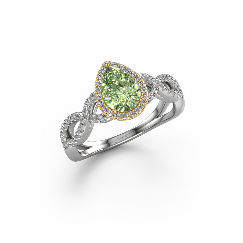 Afbeelding van Verlovingsring Dionne pear 585 witgoud Groene lab grown diamant 7x5 mm