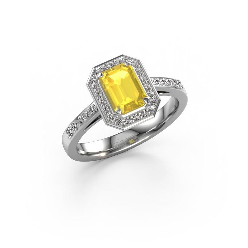 Image of Engagement ring Dodie 2 eme 950 platinum Yellow sapphire 7x5 mm