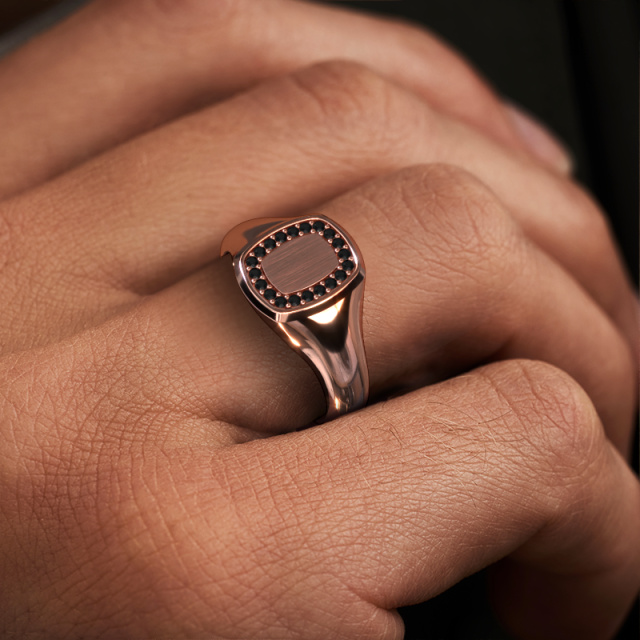 Image of Signet ring Dalia Cushion 1 585 rose gold Black diamond 0.18 crt