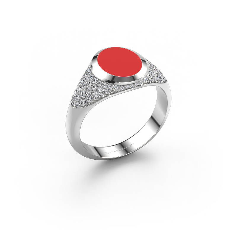 Afbeelding van Pinkring Giovani 585 Witgoud Rode emaille 10x8 mm
