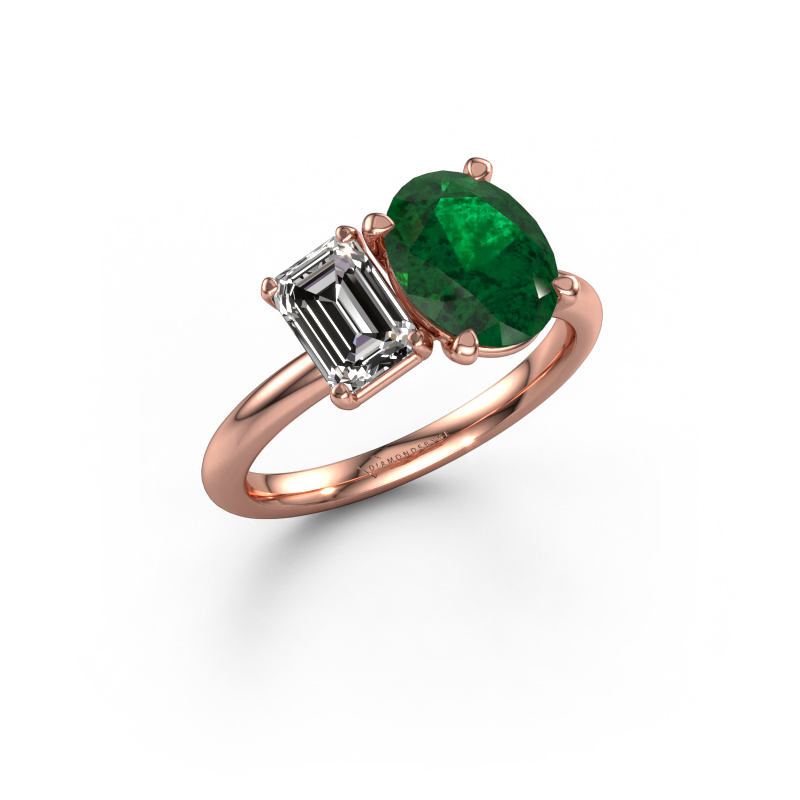 Image of Engagement ring Toi et Moi OVL-EME 585 rose gold Emerald 9x7 mm