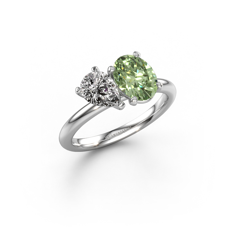 Image of Engagement ring Toi et Moi OVL-PER 585 white gold Green lab grown diamond 8x6 mm