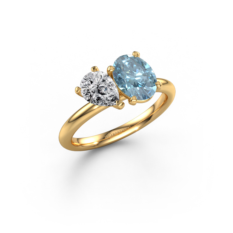 Image of Engagement ring Toi et Moi OVL-PER 585 gold Blue lab grown diamond 8x6 mm