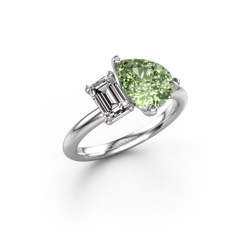 Image of Engagement ring Toi et Moi PER-EME 585 white gold Green lab grown diamond 9x7 mm