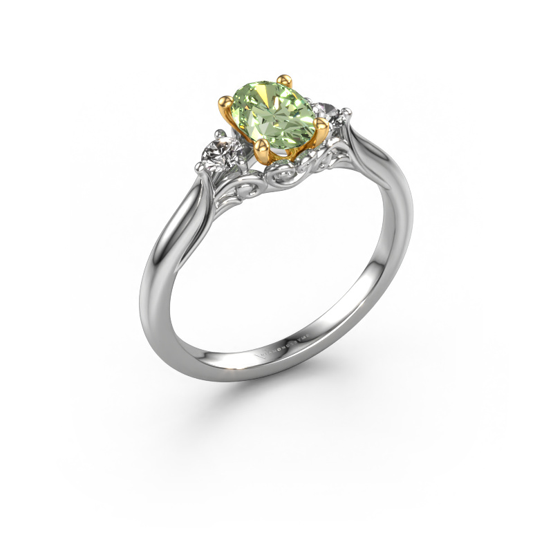 Image de Bague de fiançailles Laurian OVL 585 or blanc Diamants synthétiques vert 7x5 mm