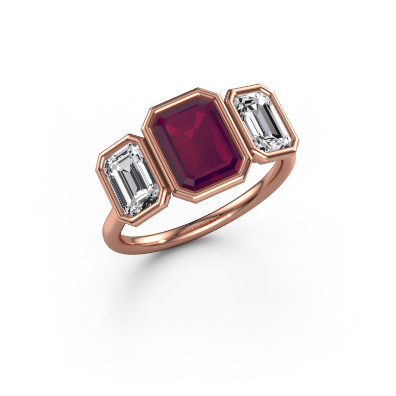 Afbeelding van Verlovingsring Lavon 3 EME 585 rosé goud Rhodoliet 8x6 mm