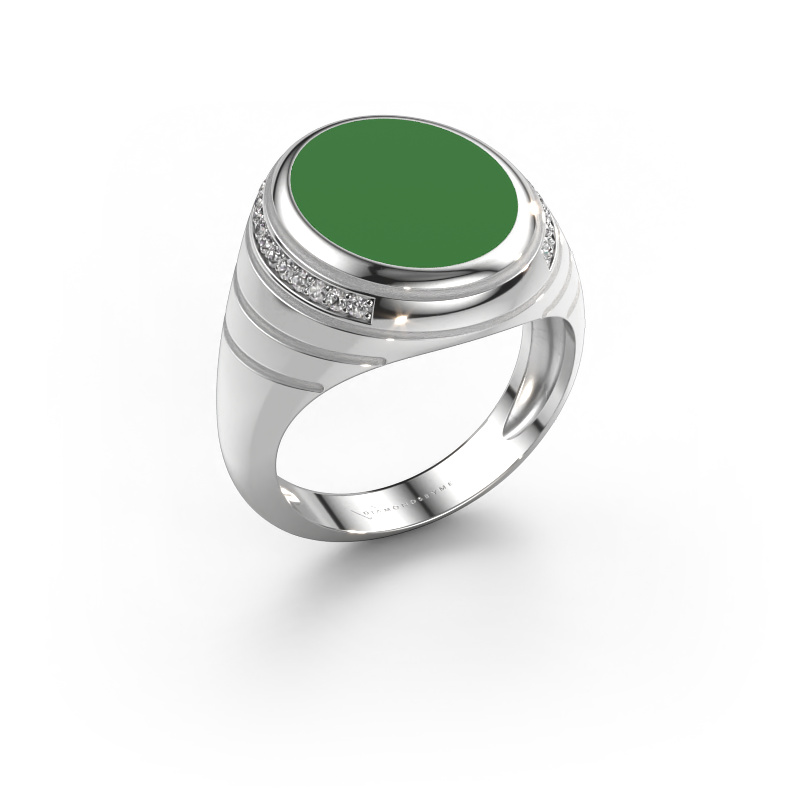 Afbeelding van Zegelring Luuk 585 witgoud Groene emaille 15x12 mm