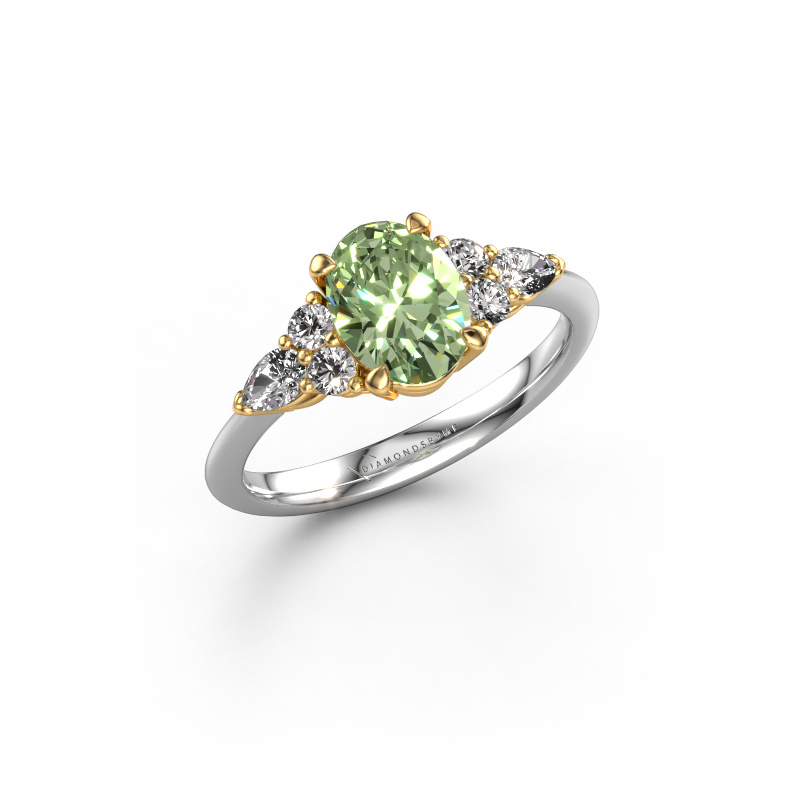 Afbeelding van Verlovingsring Melani OVL 585 witgoud Groene lab grown diamant 8x6 mm