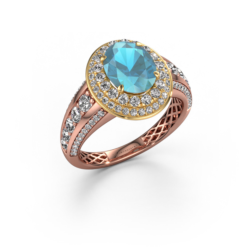 Afbeelding van Verlovingsring Nancie 585 rosé goud Blauw topaas 9x7 mm