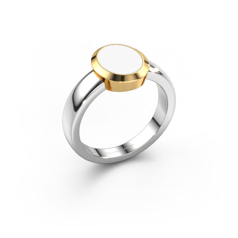 Afbeelding van Pinkring Oscar 1 585 witgoud Witte emaille 10x8 mm