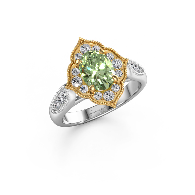 Afbeelding van Verlovingsring Rosan 585 witgoud Groene lab grown diamant 8x6 mm