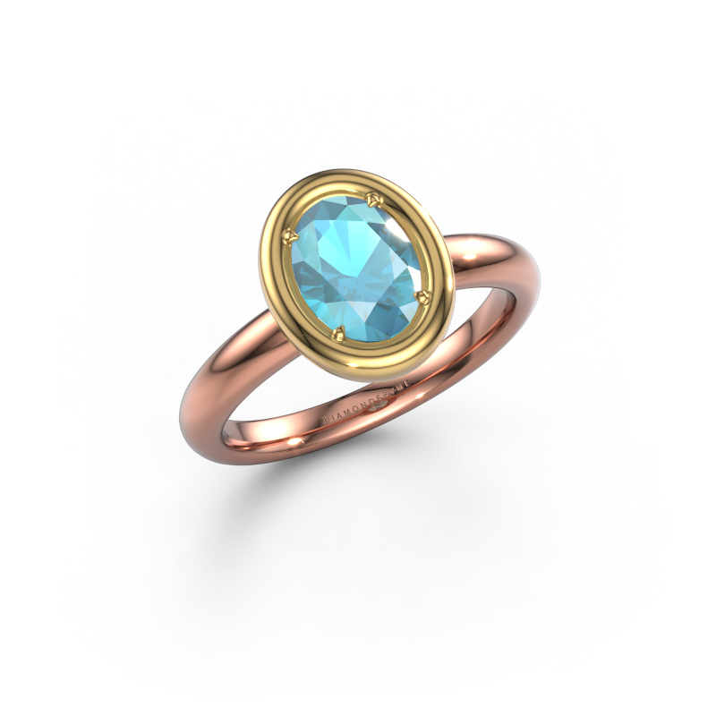 Afbeelding van Verlovingsring Noa OVL 585 rosé goud Blauw topaas 8x6 mm