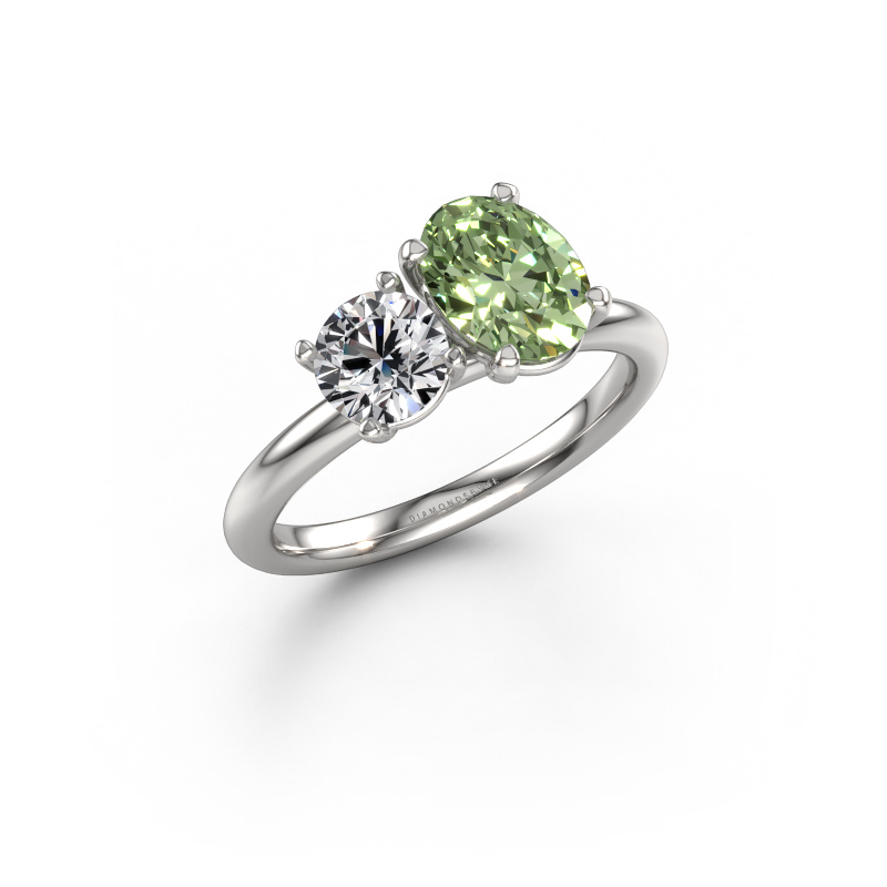Image de Bague de fiançailles Toi et Moi OVL-RND 585 or blanc Diamants synthétiques vert 8x6 mm