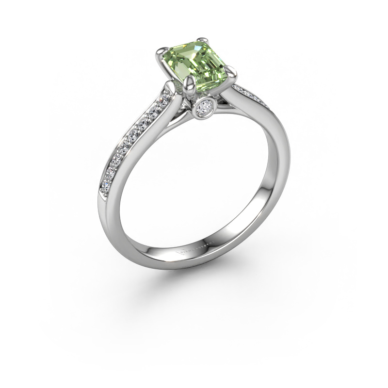 Image of Engagement ring Valorie eme 2 585 white gold Green lab grown diamond 6.5x4.5 mm