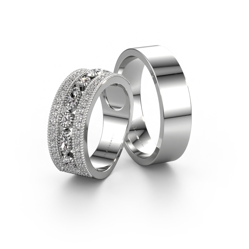 Afbeelding van Trouwringen set WHR0401LM16AP ±8x2 mm 14 Carat witgoud Diamant 0.10 crt