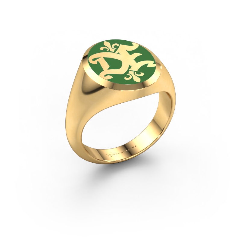 Image of Monogram ring Xandro Emaille 585 gold Green enamel