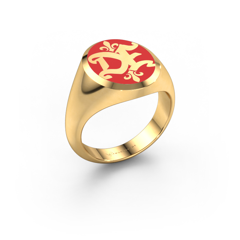 Image of Monogram ring Xandro Emaille 585 gold Red enamel
