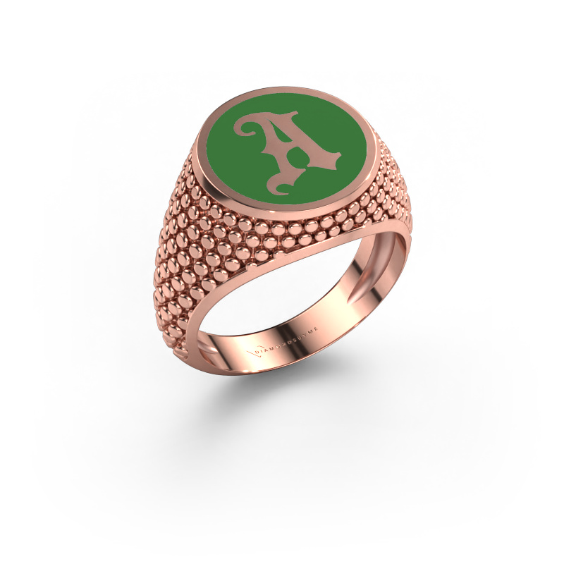 Afbeelding van Monogram ring Zachary 585 Rosé goud Groene emaille