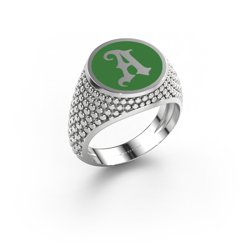 Image of Monogram ring Zachary 585 white gold Green enamel